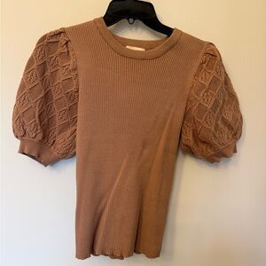 Elie Tahari Tan Knit Puff Sleeve Blouse